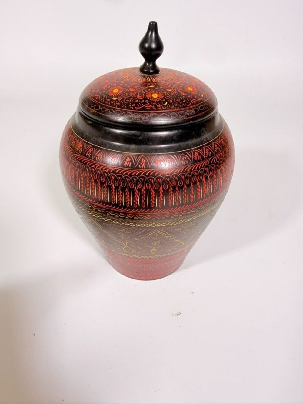 Jar Urn Canister Hand Carved Wooden Lacquer Pakistan Naqashi Turkish Handcrafted - Picture 8 of 16